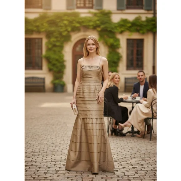 JS Collections Tan Tiered Evening Mermaid Gown, Size 14 - Picture 14 of 17